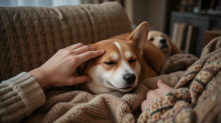 A relaxed owner cuddling with their sleepy dog on a cozy couch after a successful training session