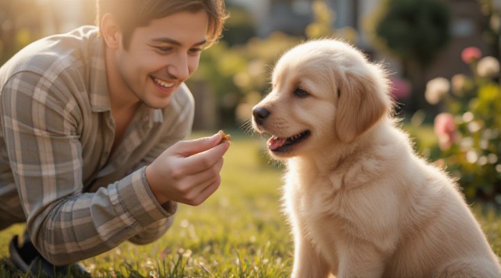 Owner using positive reinforcement with a treat for dog training