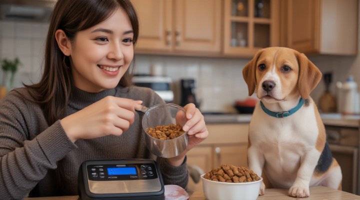 Person carefully measuring dog food portion using a kitchen scale and measuring cup