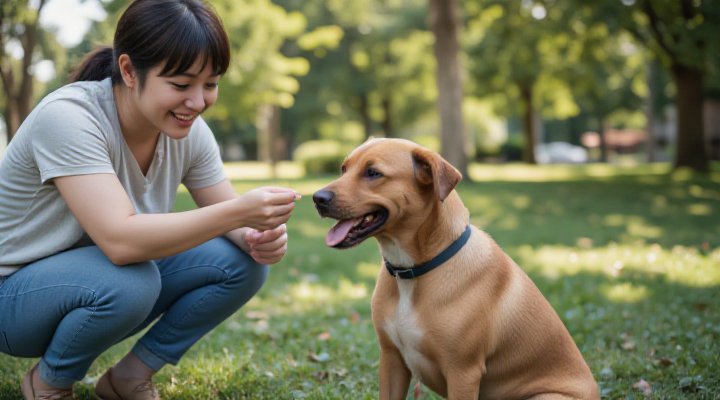 A caring owner using Purina HA Dog Food as treats during obedience training with a attentive dog