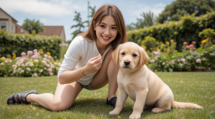 A cheerful woman using positive reinforcement to train her adorable Golden Retriever in a sunny backyard