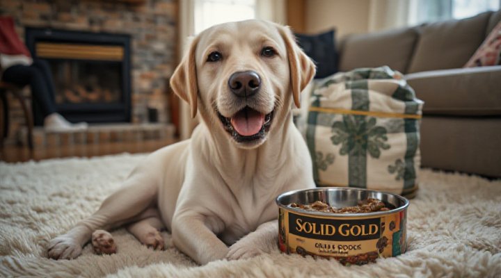 An older dog happily eating Solid Gold senior formula, illustrating how the food supports aging dogs