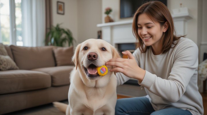 A playful Labrador Retriever retrieving a specific toy on command, showing advanced retrieval skills in a home environment
