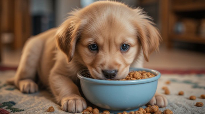 A cute golden retriever puppy enjoying Iams puppy food during mealtime