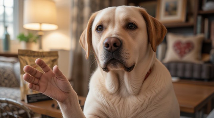Older Labrador retriever successfully learning new trick while eating Solid Gold Dog Food for senior dogs