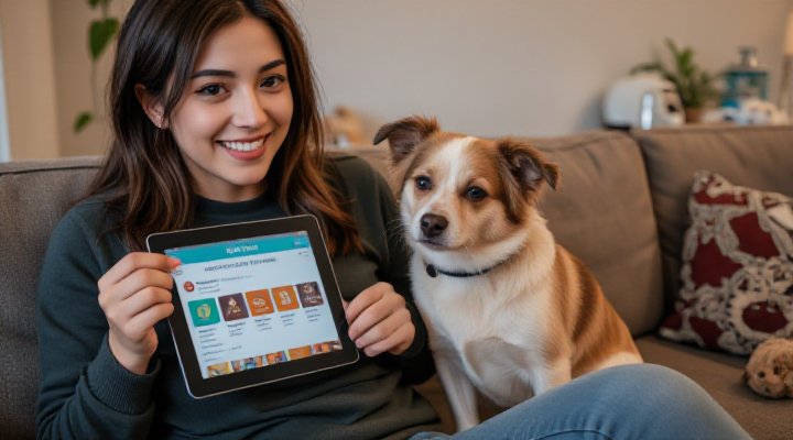 A caring pet owner researching Maev dog food reviews online for informed decisions