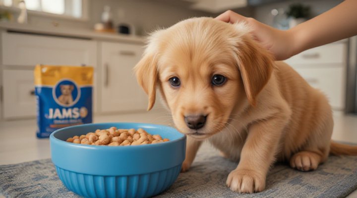 A cute golden retriever puppy enjoying Iams Puppy Food during mealtime