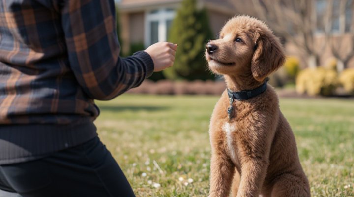 A happy poodle successfully performing a sit command while owner prepares to give a healthy training reward