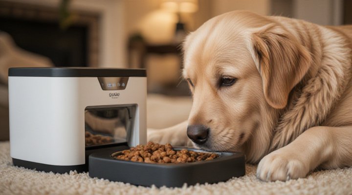 Older golden retriever enjoying meal from automatic feeder that supports senior dog training