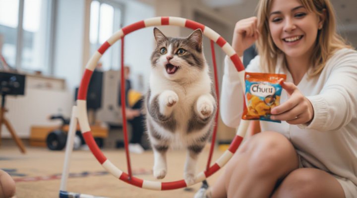 Cat jumping through hoop during agility training with Churu treat