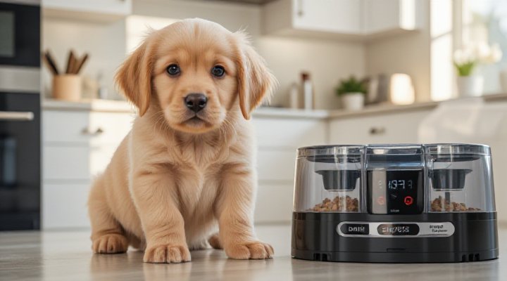 Cute golden retriever puppy sitting patiently next to modern automatic dog feeder