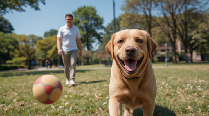 Dog enjoying playtime after weight loss with diet food