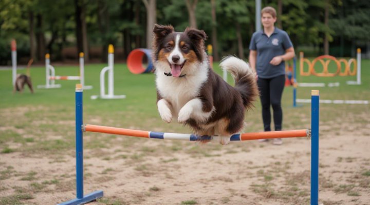 An energetic Border Collie jumping over an agility hurdle during training, demonstrating improved speed and coordination