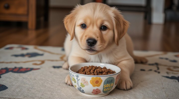 Cute golden retriever puppy happily eating Solid Gold Dog Food from a ceramic bowl during training session