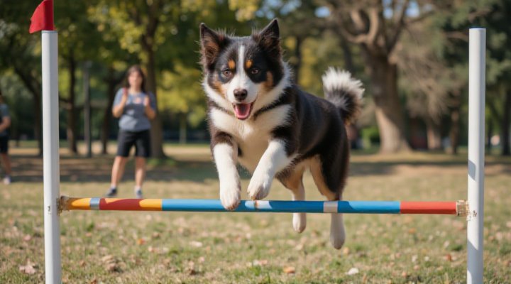 An energetic border collie successfully jumping through a hoop in an agility course, demonstrating skills built with Solid Gold Dog Food nutrition